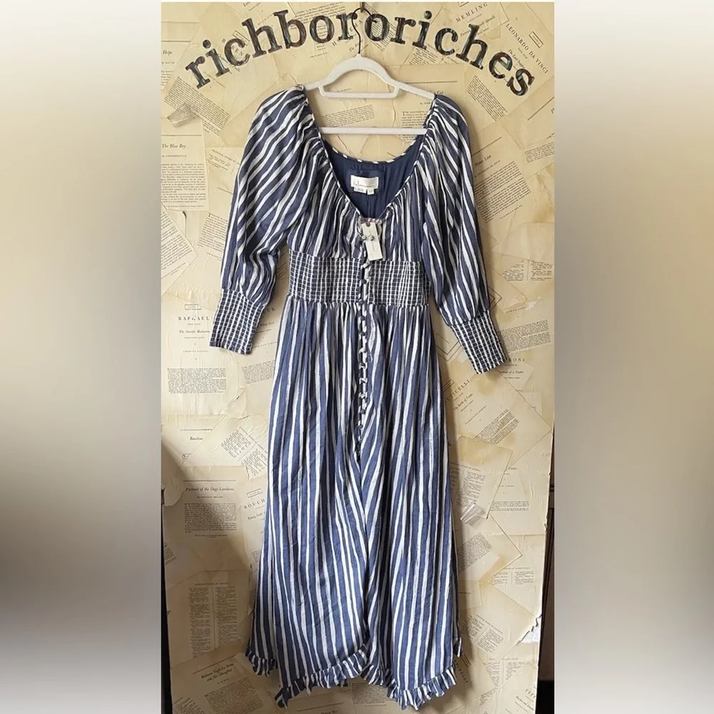 Anthropologie Long Sleeve Sweetheart Maxi Midi Dress Blue Motif - Picture 8 of 9